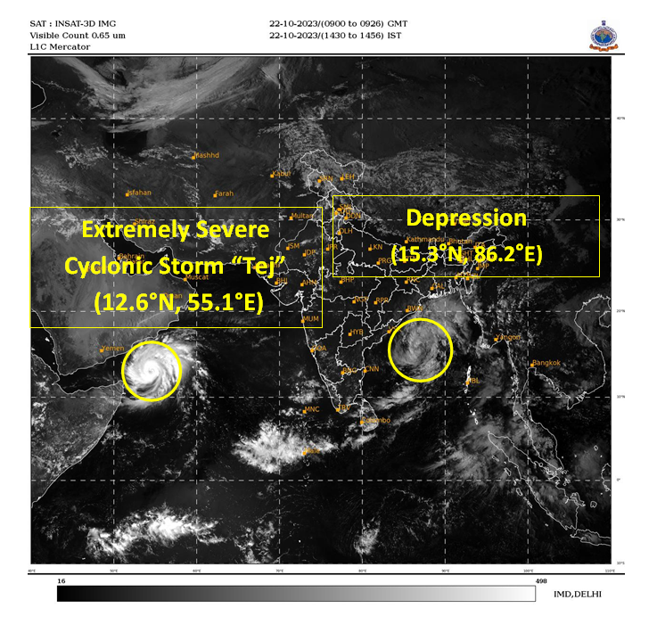 Extremely Severe Cyclonic Storm Tej over Arabian Sea; Depression over Bay of Bengal