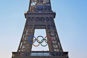 Olympic rings displayed on Eiffel Tower 50 days before Paris 2024 Games
