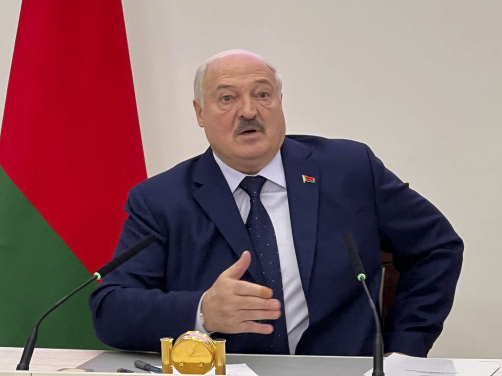 MINSK, BELARUS - JANUARY 26: Belarusian President and presidential candidate Alexander Lukashenko speaks during a press conference after casting his vote at a polling station in the capital Minsk, Belarus on January 26, 2025. Voting began at 8 a.m. local time (0500GMT) and the 5,325 polling stations will remain open throughout the country until 8 p.m. local time (1700GMT). (Photo by Ali Cura/Anadolu via Getty Images)