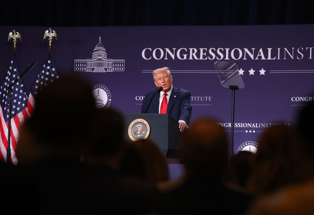 U.S. President Donald Trump addresses the 2025 Republican Issues Conference at the Trump National Doral Miami on January 27, 2025 in Doral, Florida. Photo by Joe Raedle/Getty Images