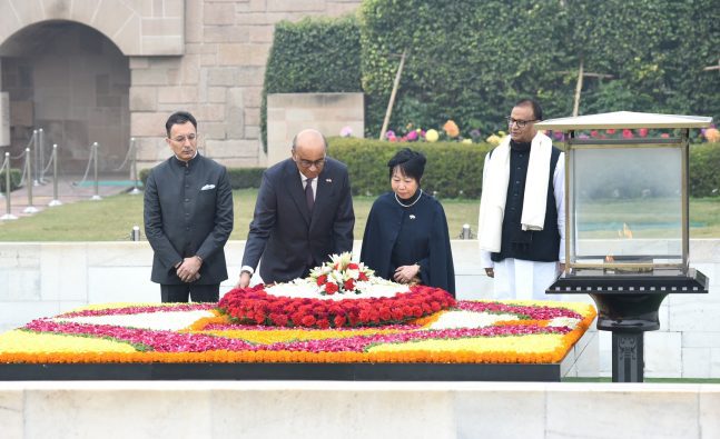 Singapore President Tharman Shanmugaratnam pays tribute at Rajghat during state visit