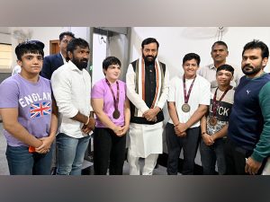 Haryana CM Nayab Singh Saini meets Asian Wrestling Championship 2025 medalists