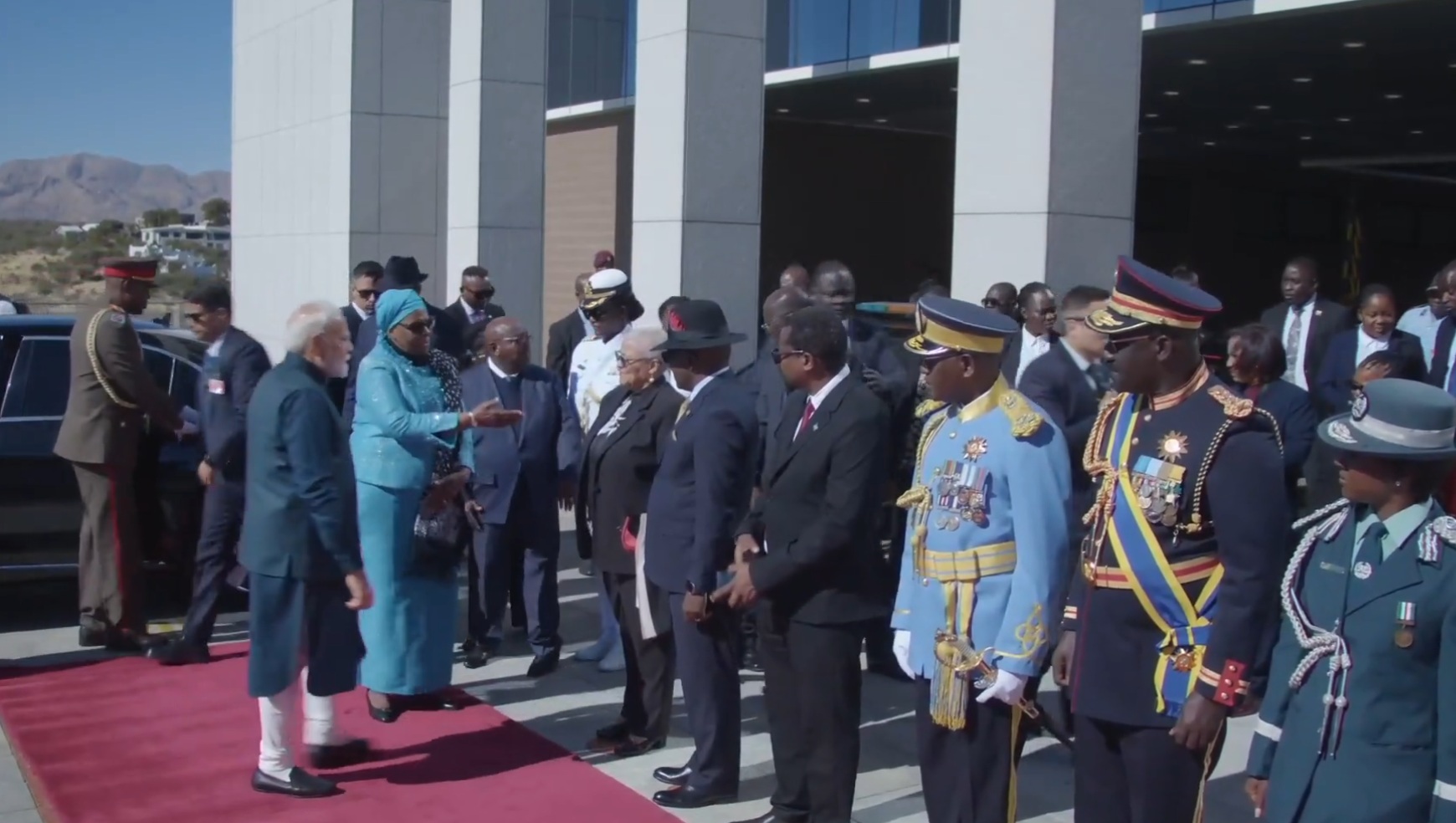 PM Modi accorded 21-gun salute during ceremonial welcome in Namibia