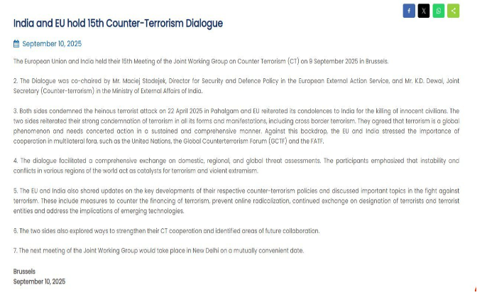 EU and India hold 15th joint working group on counter-terrorism in Brussels