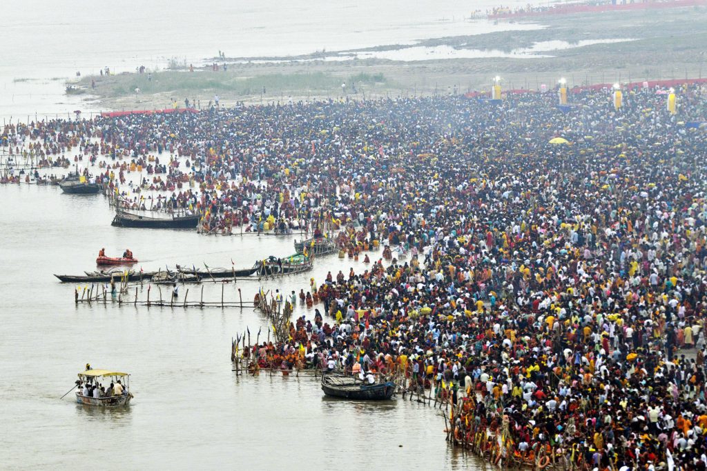 A view of the devotees performing religious rituals during Chhath Puja