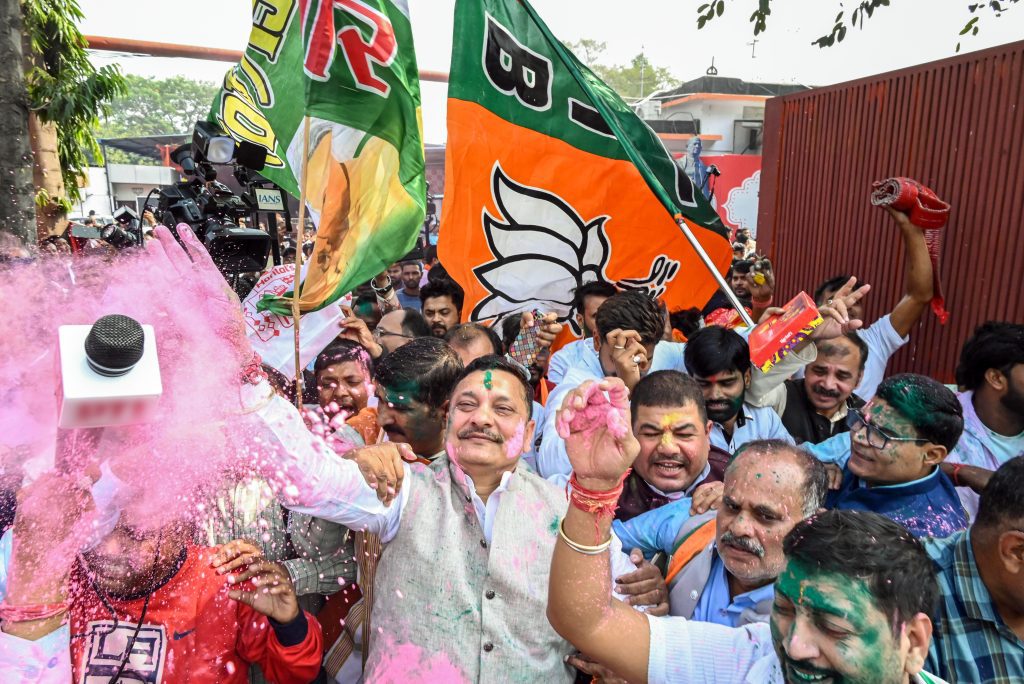 BJP supporters celebrate NDA's lead in the vote counting of Bihar Assembly election 2025