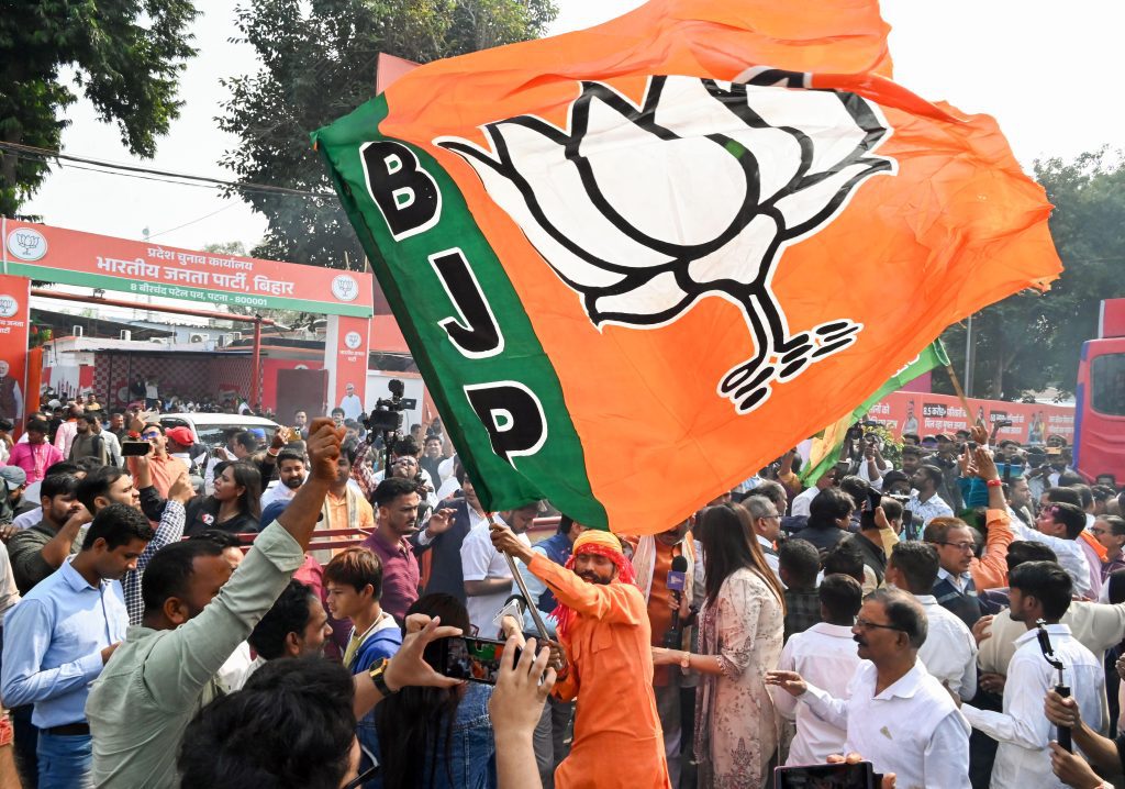 Supporters celebrate NDA's lead in Bihar assembly elections