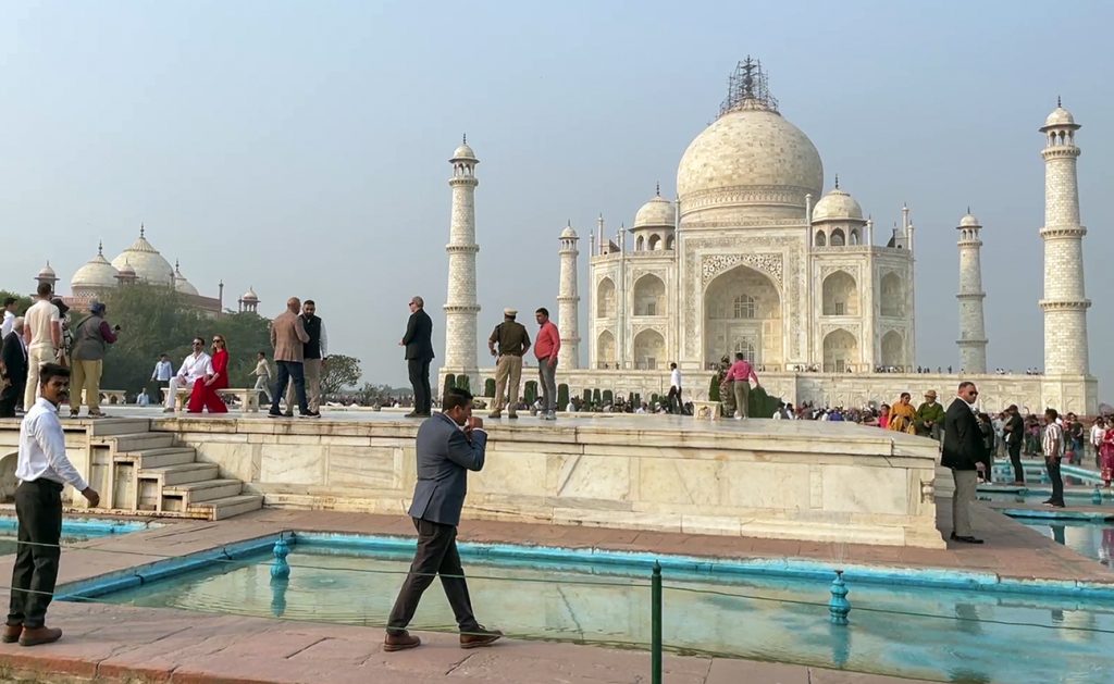 American businessman and son of US President Donald Trump, Donald Trump Jr. poses for a photograph in front of the Taj Mahal