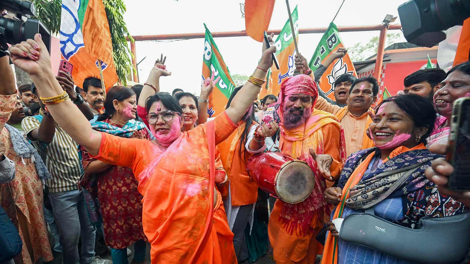 Bihar assembly polls: BJP workers celebrate as NDA crosses 200 mark