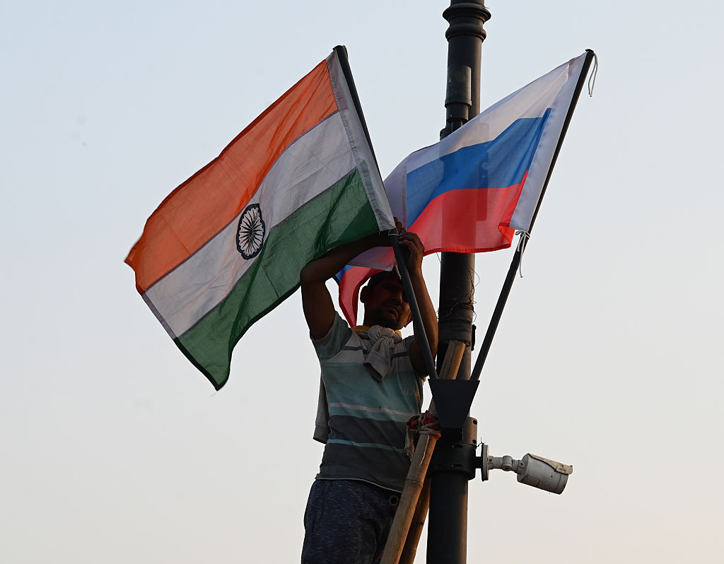 Indian And Russian Flags Up In Delhi Ahead Russian President Vladimir Putin Visit