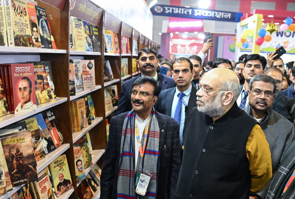 Union Home Minister Amit Shah with Union Education Minister Dharmendra Pradhan at Bharat Mandapam