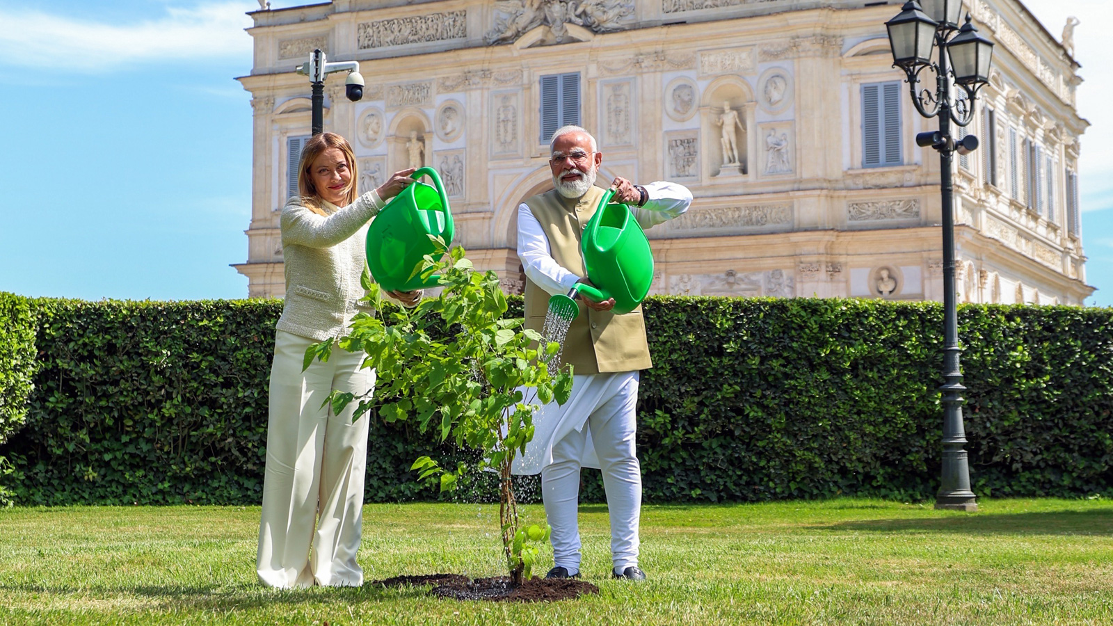 PM Modi, Italy’s Giorgia Meloni plant Black Mulberry sapling in Rome under ‘Ek Ped Maa Ke Naam’ initiative