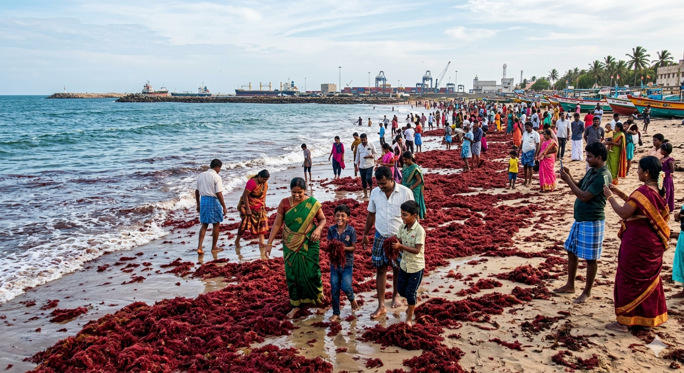 Red seaweed washes ashore along Thoothukudi Harbour Beach, draws visitors