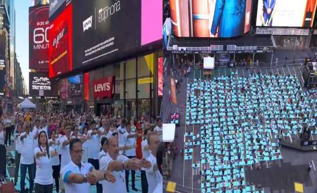 International Yoga Day dawns on Times Square with people reflecting universality with all nations and ethnicities