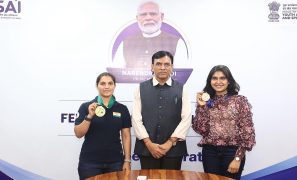 Mansukh Mandaviya felicitates ISSF World Cup champions Esha Singh and Neeru Dhanda