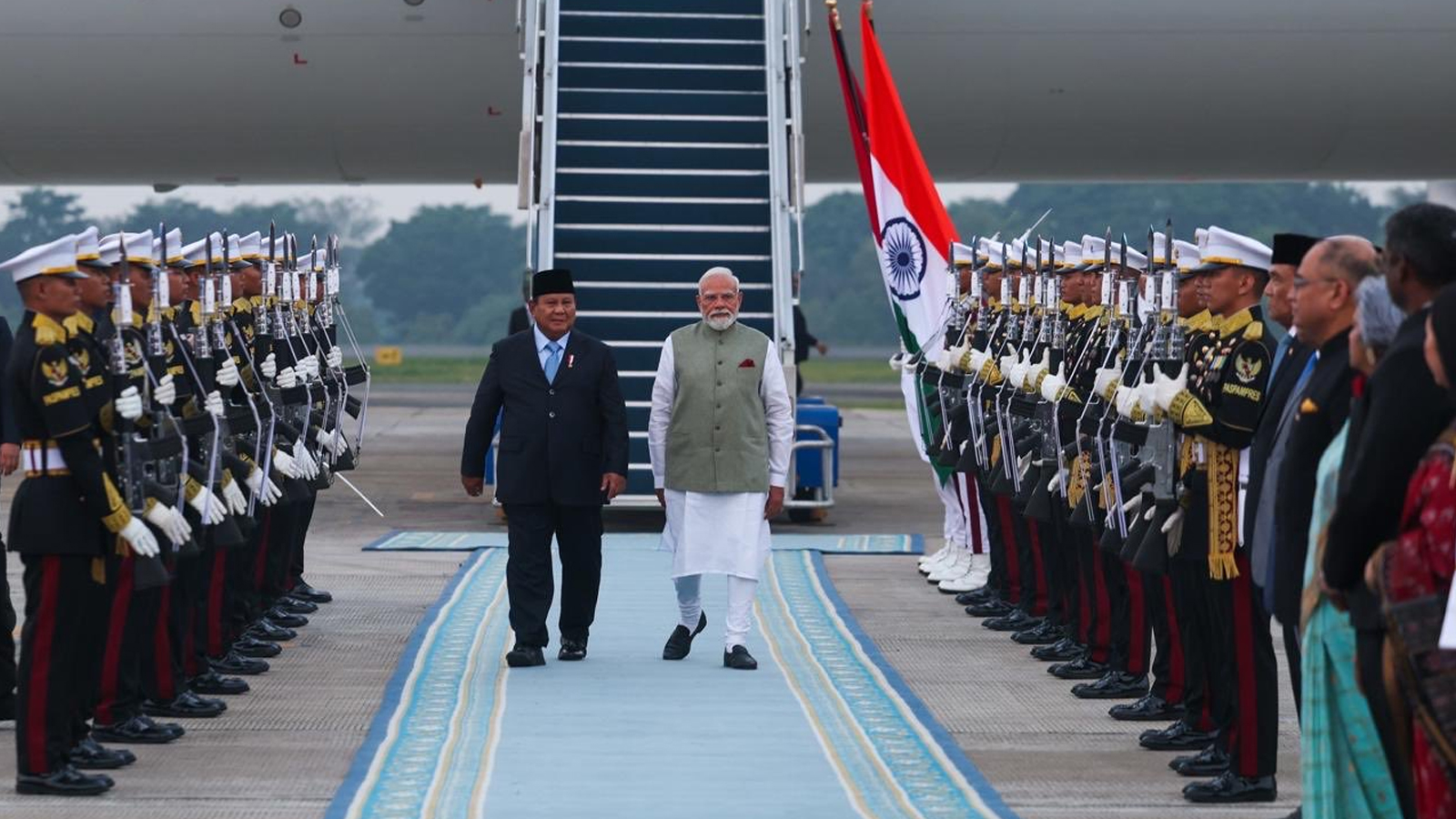 PM Modi arrives in Indonesia, received by President Prabowo Subianto at Jakarta airport
