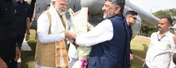 PM Modi Arrives in Mysuru, Received by Karnataka CM Shivakumar Ahead of Viveka Smaraka Inauguration