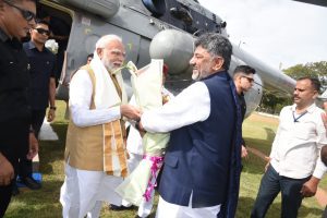 PM Modi Arrives in Mysuru, Received by Karnataka CM Shivakumar Ahead of Viveka Smaraka Inauguration
