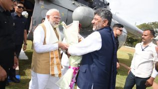 PM Modi Arrives in Mysuru, Received by Karnataka CM Shivakumar Ahead of Viveka Smaraka Inauguration