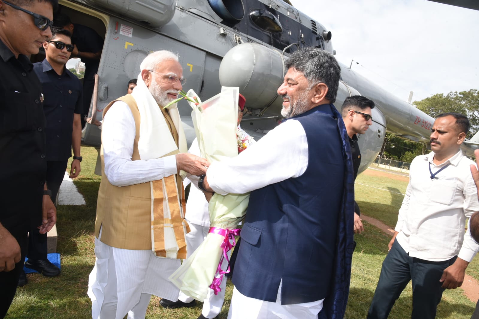 PM Modi Arrives in Mysuru, Received by Karnataka CM Shivakumar Ahead of Viveka Smaraka Inauguration