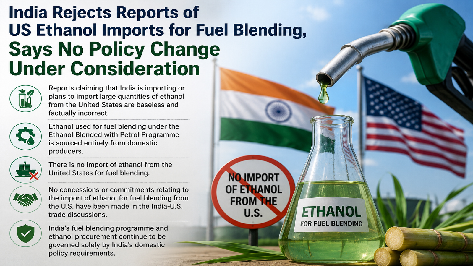 India rejects reports of US ethanol imports for fuel blending, says no policy change under consideration