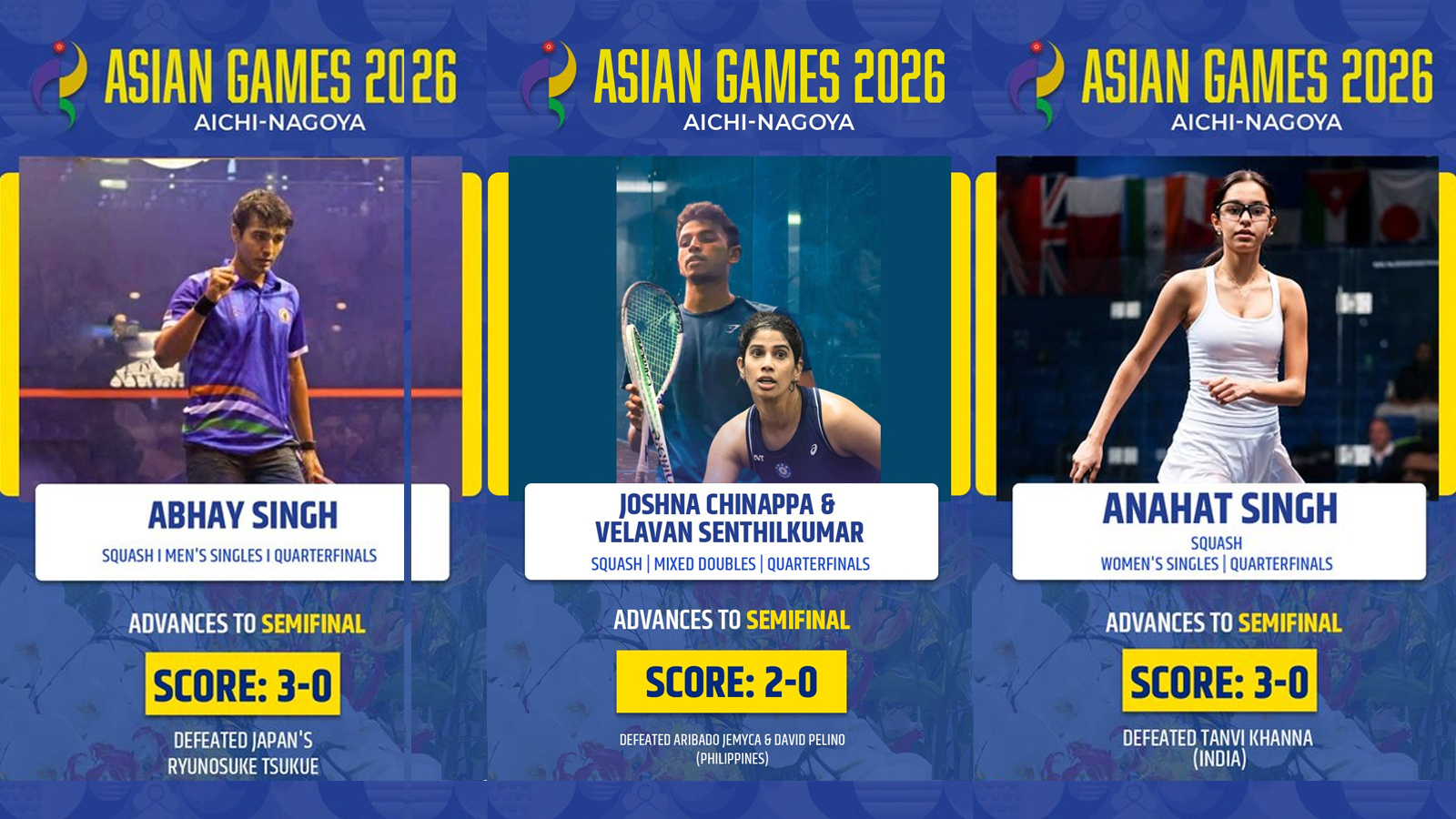 Asian Games 2026: Joshna-Senthilkumar, Anahat, Abhay lead Indian squash’s medal surge
