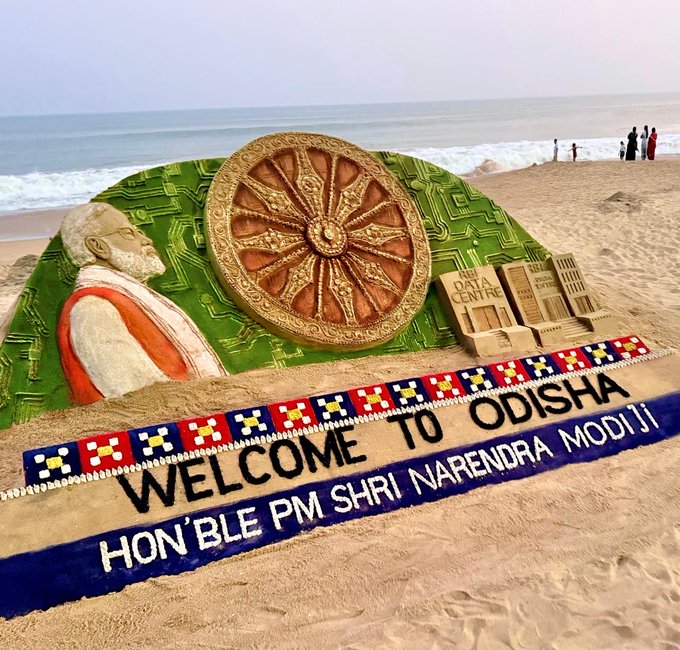 Sudarsan Pattnaik Creates 8-Foot Sand Sculpture in Puri to Welcome PM Modi