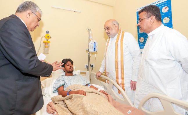 HM Amit Shah visits hospital to meet those injured in Kolkata Durga Puja pandal stampede